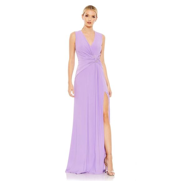 MAC DUGGAL DRAPED SIDE KNOT JERSEY GOWN W/ RHINESTONE RING - Picture 1 of 10